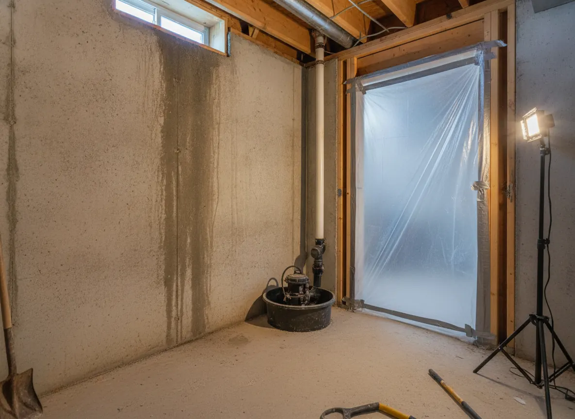 Dark mold staining on basement drywall behind containment plastic