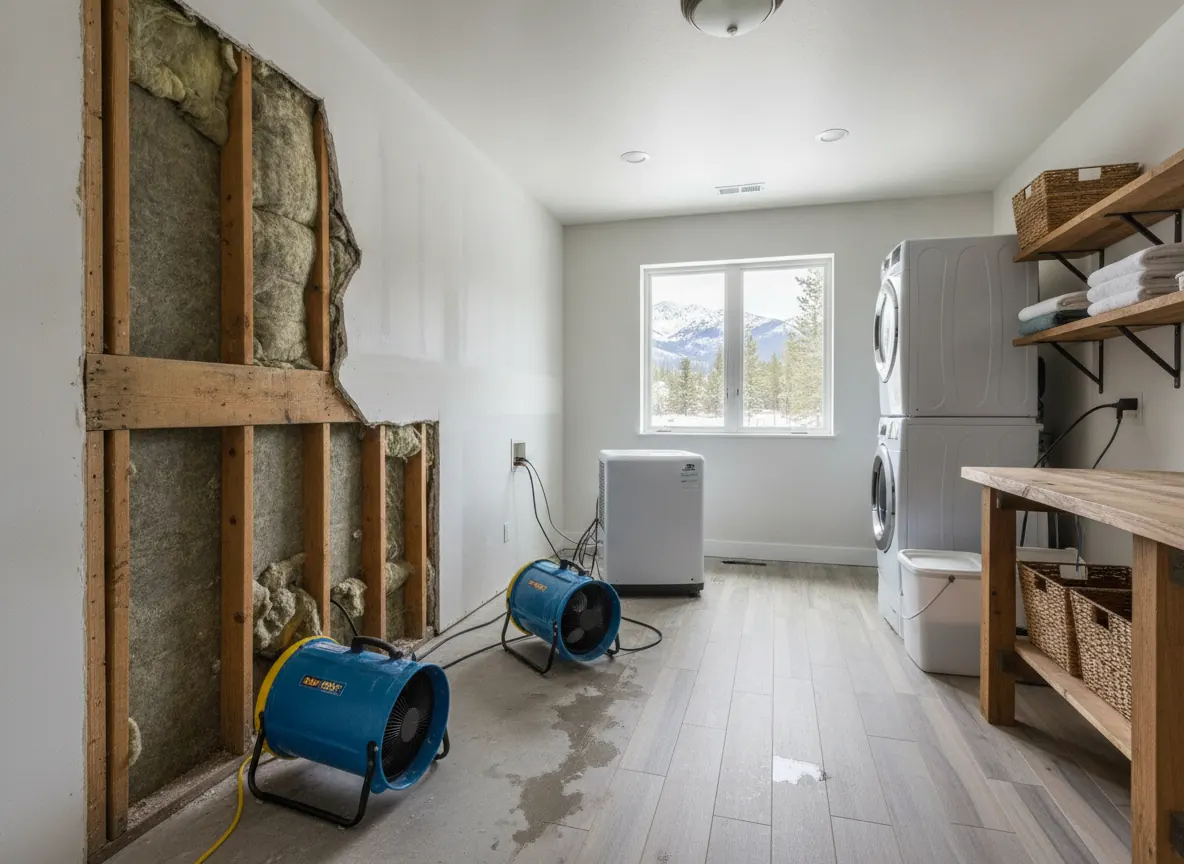 Illustration of a flooded ground floor with waterline on the walls
